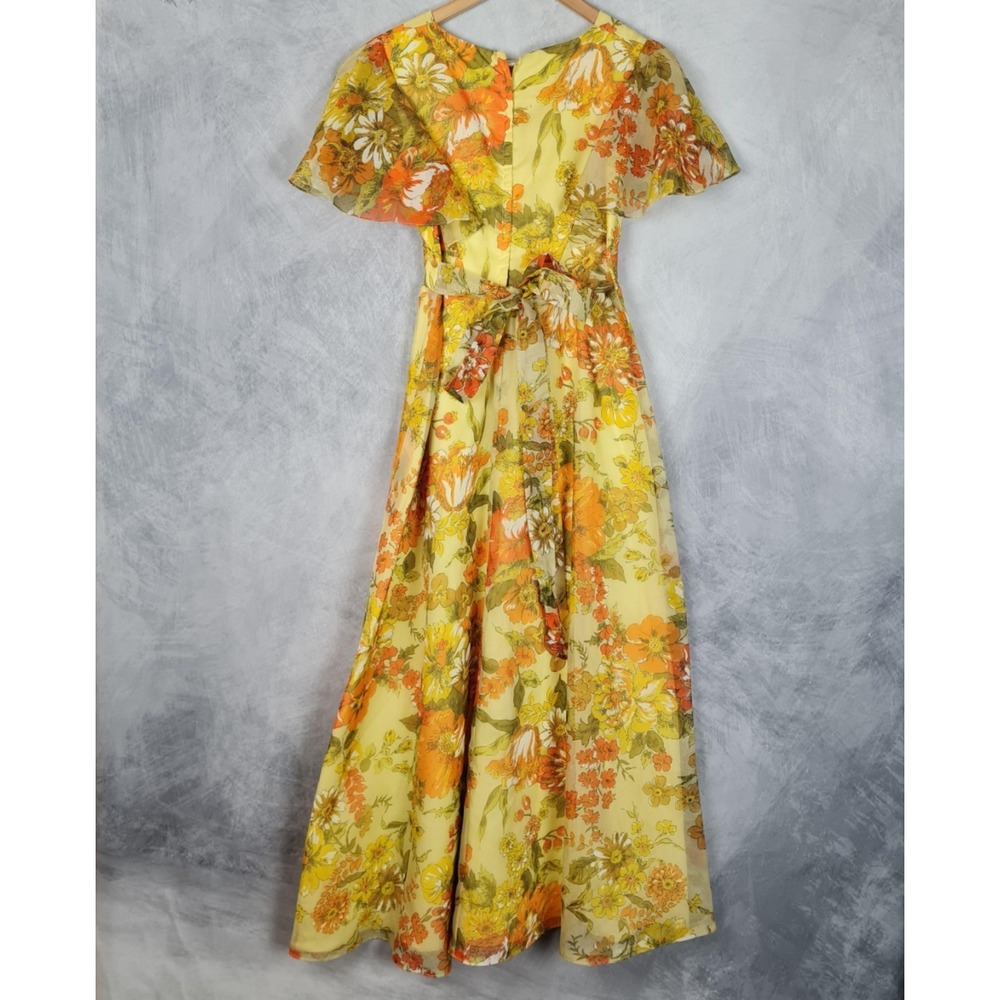 Vntg Floral Dress Jacket Womens 12 Yellow Chiffon Maxi 70s Mod Flutter Sleeve - Picture 11 of 16